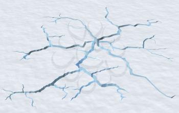 Danger on the show surface concept abstract illustration: cracks in blue ice of cracked glacier in textured white snow surface under sunlight closeup view, winter 3d illustration