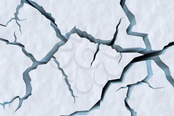 Danger on the show surface concept abstract illustration: cracks in blue ice of cracked glacier in textured white snow surface under sunlight closeup top view, winter 3d illustration