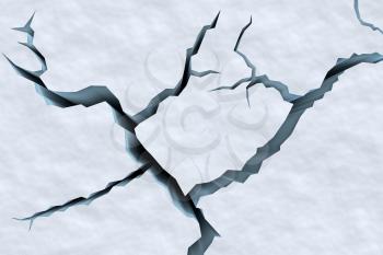 Danger on the show surface concept abstract illustration: cracks in blue ice of cracked glacier in textured white snow surface under sunlight top closeup view, winter 3d illustration