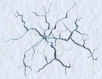 Danger on the show surface concept abstract illustration: cracks in blue ice of cracked glacier in textured white snow surface under sunlight, closeup view, winter 3d illustration