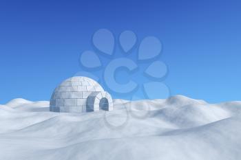 Winter north polar snowy landscape - eskimo house igloo icehouse made with white snow on the surface of snow field under cold north clear blue sky 3d illustration