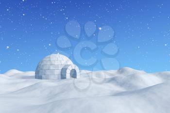 Winter north polar snowy landscape - eskimo house igloo icehouse made with white snow on surface of snow field under cold north blue sky under snowfall 3d illustration