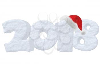 New Year 2018  sign text written with numbers made of snow with Santa Claus fluffy red hat, New Year 2018 winter snow symbol 3d illustration isolated on white
