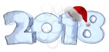 2018 new year sign text written with numbers made of blue ice with Santa Claus fluffy red hat, New Year 2018 winter icy symbol 3d illustration isolated on white