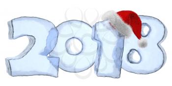 2018 Happy New Year sign text written with numbers made of blue ice with Santa Claus fluffy red hat, new year 2018 winter icy symbol 3d illustration isolated on white