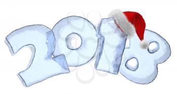 New year 2018 sign text written with numbers made of blue ice with Santa Claus fluffy red hat, Happy New Year 2018 winter icy symbol 3d illustration isolated on white