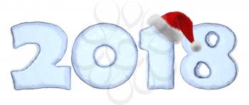 2018 happy new year sign text written with numbers made of blue ice with Santa Claus fluffy red hat, new year icy 2018 winter symbol 3d illustration isolated on white