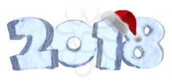 2018 Happy New Year sign text written with numbers made of clear blue ice with Santa Claus fluffy red hat, new year 2018 winter icy symbol 3d illustration isolated on white