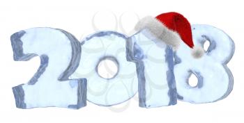Happy New Year 2018 sign text written with numbers made of clear blue ice with Santa Claus fluffy red hat, new year 2018 winter icy symbol 3d illustration isolated on white
