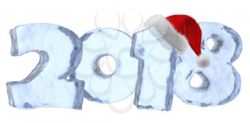 2018 new year sign text written with numbers made of clear blue ice with Santa Claus fluffy red hat, happy new year 2018 winter icy symbol 3d illustration isolated on white.