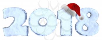 2018 with Santa Claus fluffy red hat Happy New Year sign text written with numbers made of clear blue ice, new year 2018 winter icy symbol 3d illustration isolated on white