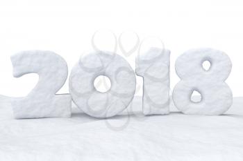 2018 New Year sign text written with numbers made of snow on snow surface, Happy New Year 2018 winter snow symbol 3d illustration isolated on white