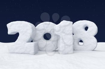 New Year 2018 sign text written with numbers made of snow on snowy field at night under cold north clear night sky with bright stars, 2018 year winter snow symbol 3d illustration