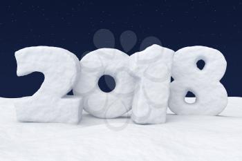 New Year 2018 text written with numbers made of snow on the snowy field at night under cold north clear night sky with bright stars, 2018 year winter snow symbol 3d illustration.