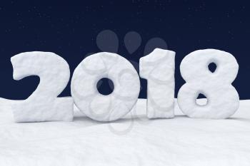 2018 New Year sign text written with numbers made of snow on snowy field at night under cold north clear night sky with bright stars, 2018 year winter snow symbol 3d illustration