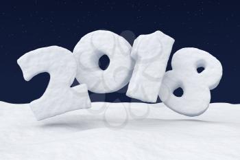 2018 New Year sign text written with numbers made of snow over snowy field at night under cold north clear night sky with bright stars, 2018 year winter snow symbol 3d illustration