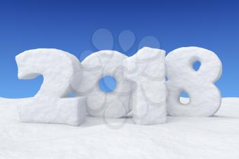 New Year 2018 sign text written with numbers made of snow on snow surface under clear blue sky, winter snow symbol 3d illustration
