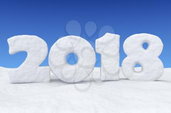 2018 New Year sign text written with numbers made of snow on snow surface under clear blue sky, Happy New Year 2018 winter snow symbol 3d illustration