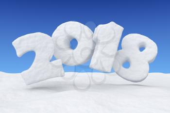 2018 New Year sign text written with numbers made of snow over snow surface under clear blue sky, Happy New Year 2018 winter snow symbol 3d illustration