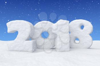Happy New Year 2018 text written with numbers made of snow on the snow surface in snowy field under blue sky and snowfall, winter snow symbol 3d illustration