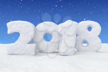 New Year 2018 text written with numbers made of snow on the snow surface in snowy field under blue sky and snowfall, winter snow symbol 3d illustration