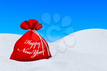 Santa Claus red bag with sign Happy New Year on the white snow under blue sky 3d illustration