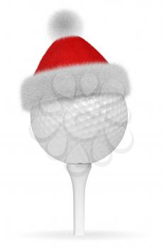 New Year and Christmas holidays sport leisure creative concept: white golf ball on tee in Santa Claus red hat with red and white fur isolated on white backgroung 3d illustration