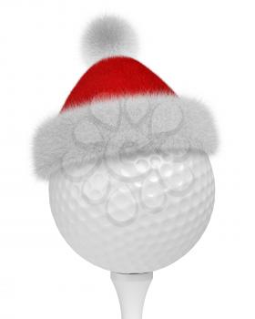New Year and Christmas holidays sport leisure creative concept: white golf ball on tee in Santa Claus fluffy red hat with red and white fur isolated on white backgroung 3d illustration