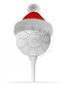 New Year and Christmas holidays sport leisure creative concept: white golfball on tee in Santa Claus fluffy red hat with red and white fur isolated on white backgroung 3d illustration