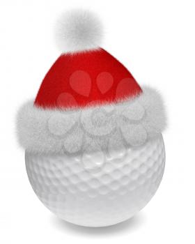 New Year and Christmas holidays sport leisure creative concept: white golfball in Santa Claus fluffy red hat with red and white fur isolated on white backgroung 3d illustration