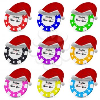 Happy New Year gamble casino chips in red fluffy Santa Claus hat collection set with sign on white background 3D illustration
