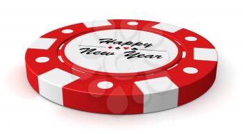 Happy New Year red casino chip with sign on white background 3D illustration