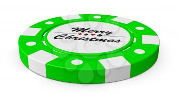 Merry Christmas gamble green casino chip with sign on white background 3D illustration