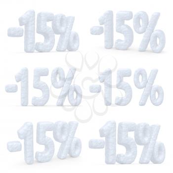 Winter retail sale commercial and business advertisement creative abstract concept, christmas sale discount offer, snowy special 15 percent price cut off text set made of snow isolated on white