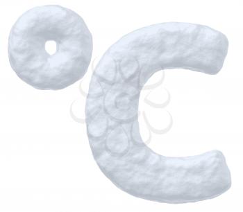 Abstract creative snowy winter decoration element -  snow sign of celsius degree simbol isolated on white background, 3d illustration