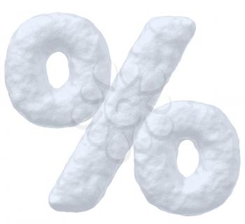 Abstract creative snowy winter decoration element -  snow sign of percent simbol isolated on white background, 3d illustration