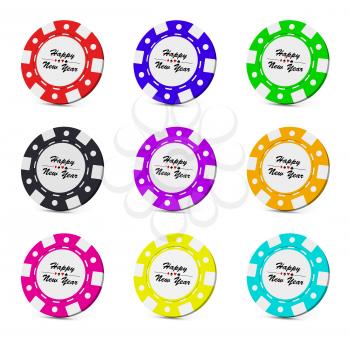 Happy New Year casino chips collection set with sign on white background 3D illustration
