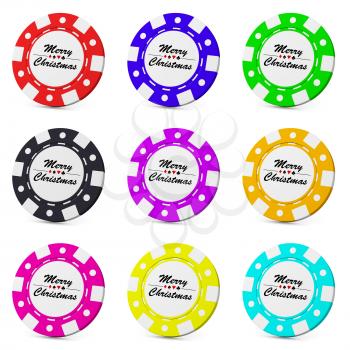 Merry Christmas gamble casino chips collection set with sign on white background 3D illustration