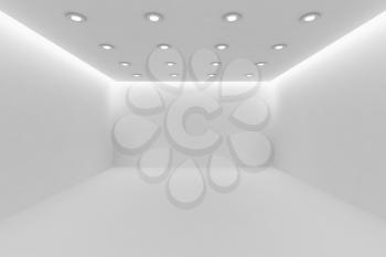 Abstract architecture white room interior - empty white room with white wall, white floor, white ceiling with small round ceiling lamps and hidden ceiling lights and empty space, 3d illustration