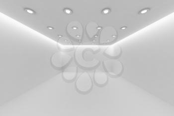 Abstract architecture white room interior - empty white room with white wall, white floor, white ceiling with small round ceiling lamps and hidden ceiling lights and empty space 3d illustration.