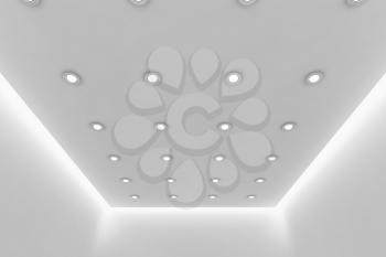 Abstract architecture white room interior - ceiling of empty white room with white wall, white floor, white ceiling with small round ceiling lamps and hidden ceiling lights and empty space, 3d illustration