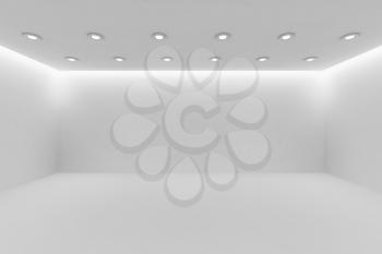 Abstract architecture white room interior - wide empty white room with white wall, white floor, white ceiling with small round ceiling lamps and hidden ceiling lights and empty space, 3d illustration