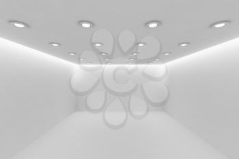 Abstract architecture white room interior - empty white room with white wall, white floor, white ceiling with small round ceiling lamps and hidden ceiling lights perspective view, 3d illustration