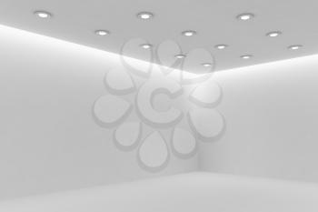 Abstract architecture white room interior - corner of empty white room with white wall, white floor, white ceiling with small round ceiling lamps and hidden ceiling lights and empty space, 3d illustration