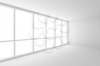 Business architecture white colorless office room interior - corner of white empty business office room with white floor, white ceiling, white walls and large window and empty space, 3d illustration