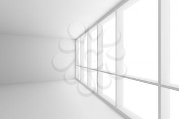 Business architecture white colorless office room interior - corner of empty white business office room with white floor, white ceiling, white walls and large window and empty space, 3d illustration