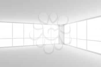Business architecture white colorless office room interior - empty white business office room with white floor, ceiling, walls and two large windows in corner and empty space, 3d illustration