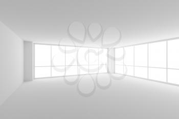 Business architecture white colorless office room interior - empty white business office room with white ceiling, floor, walls and two large windows and empty space, 3d illustration.
