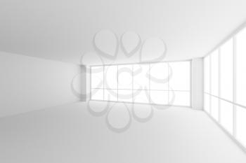 Business architecture white colorless office room interior - white empty business office room with white floor, ceiling, walls and two large windows and empty space 3d illustration.