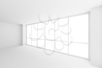 Business architecture white colorless office room interior - large window in empty white business office room with white floor, ceiling, walls and empty space, 3d illustration